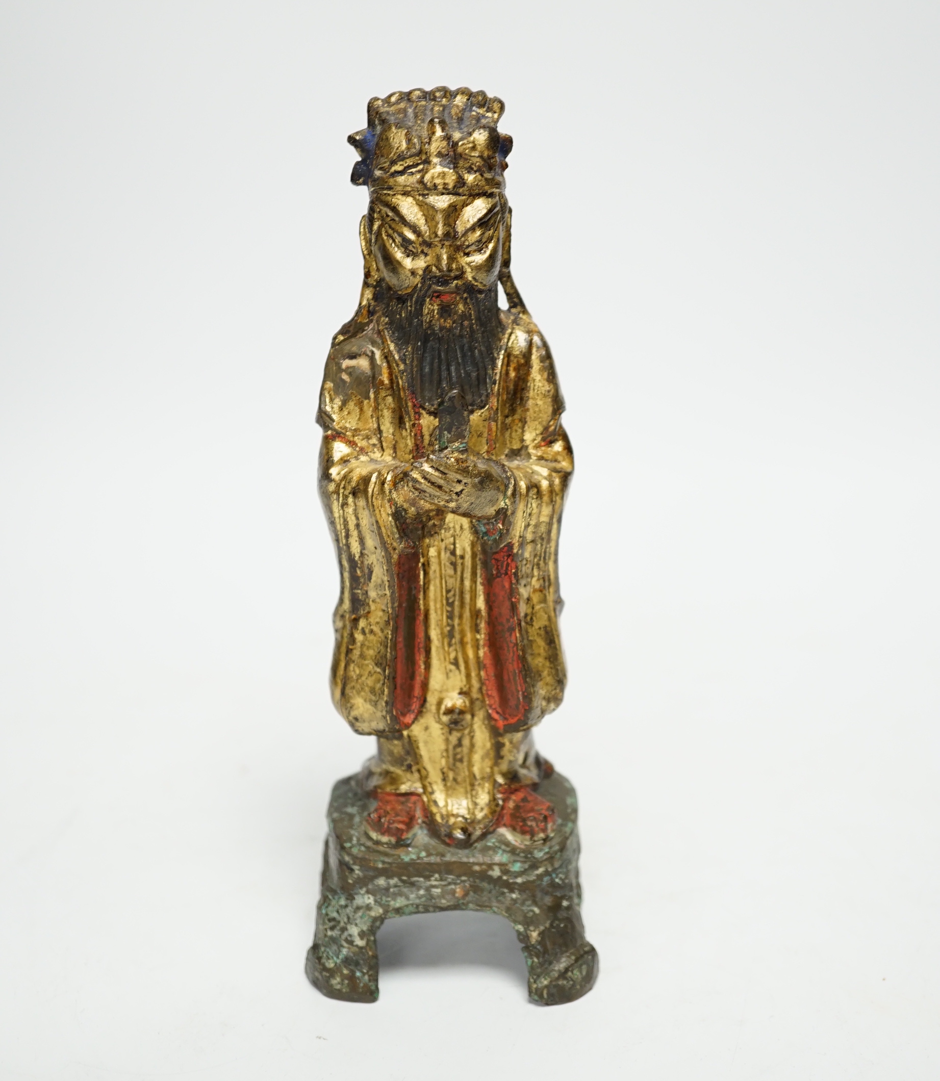 A Chinese late Ming polychrome bronze figure of an immortal, 20.5cm high